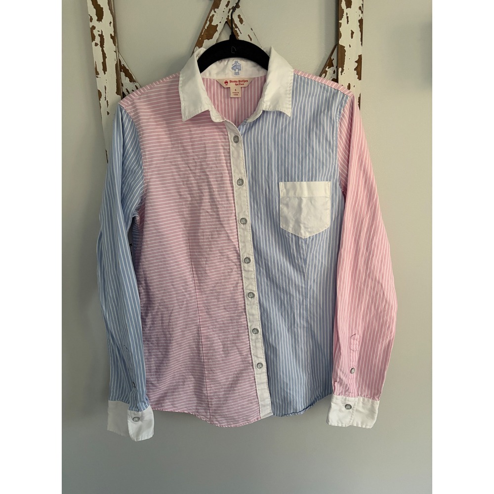 Brooks Brothers Shirt Womens 6 Blue Pink Stripe Pastel Color Block Fitted